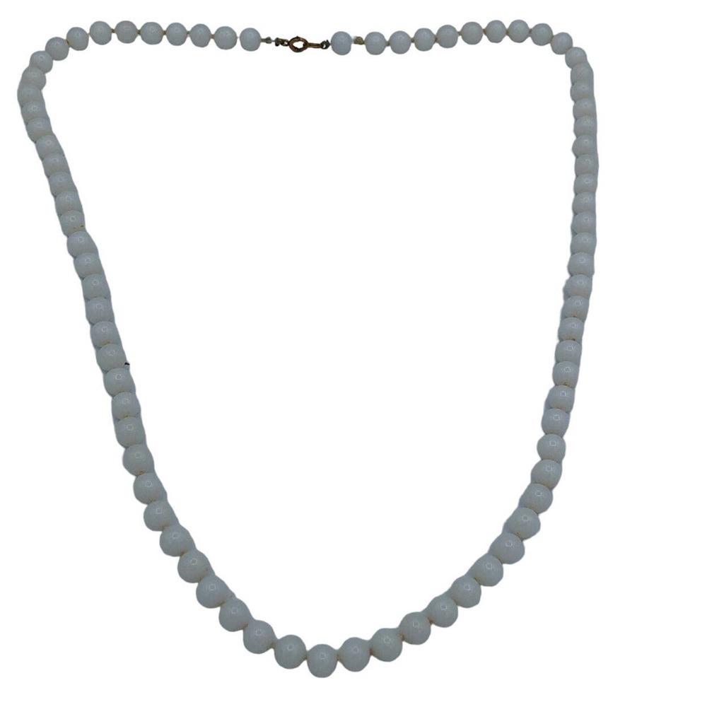 Vintage Milk Glass Necklace Single Strand Hand Knotted Beads 28” Long